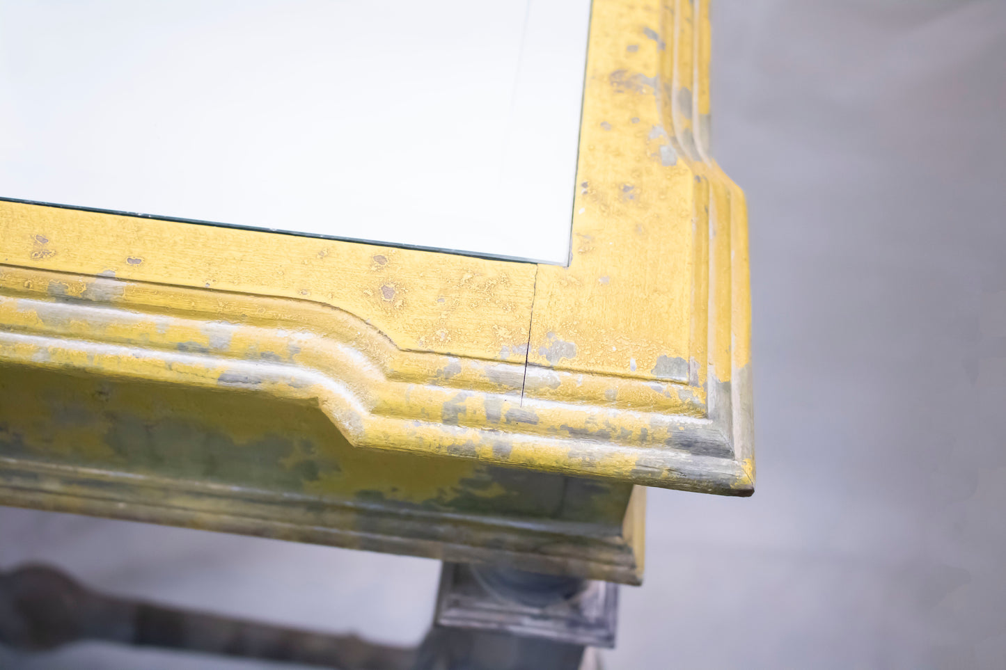 Vintage Glass-Top Console Table with Aged Gold & Grey Finish