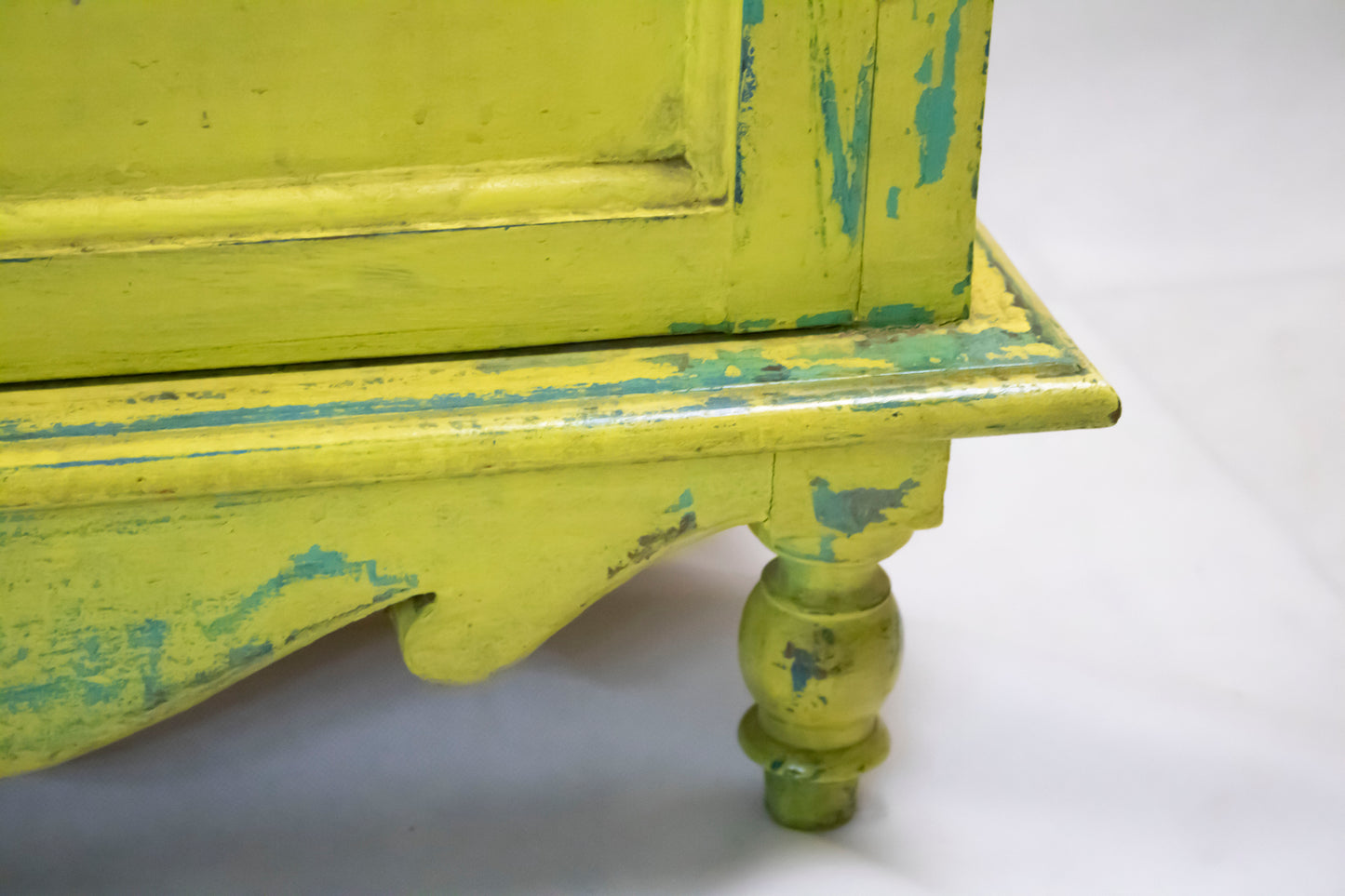 Vintage Lime Yellow Side Cabinet with Turquoise Distressed Details