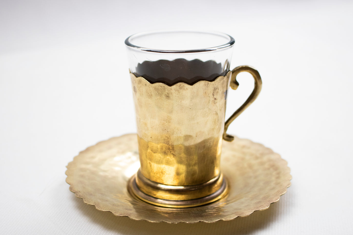 Handcrafted Brass Tea Cup with Glass Insert & Saucer