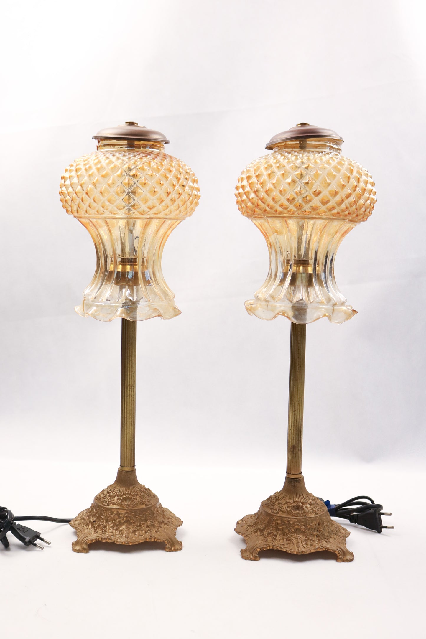 Vintage-Inspired Copper Floor Lamp with Textured Glass Shade Set of 2