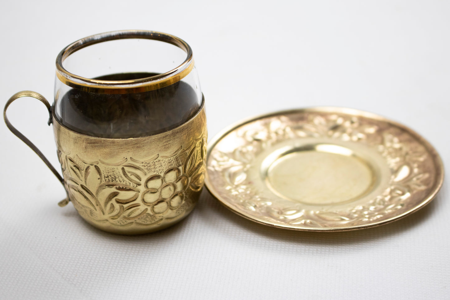 Handcrafted Brass Coffee Cup with Glass Insert & Saucer