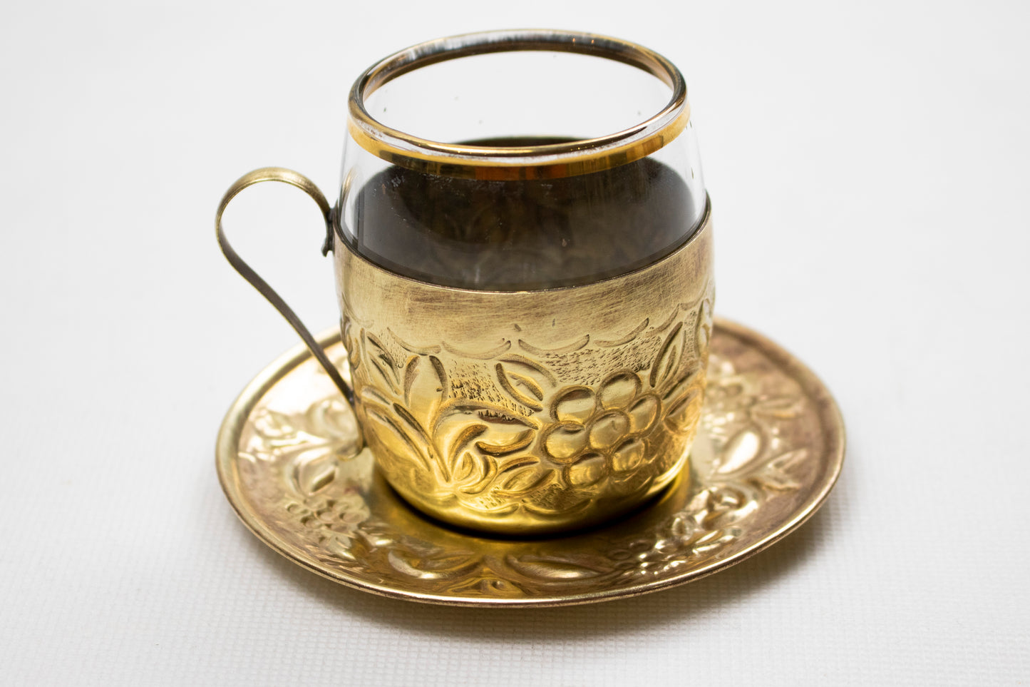 Handcrafted Brass Coffee Cup with Glass Insert & Saucer