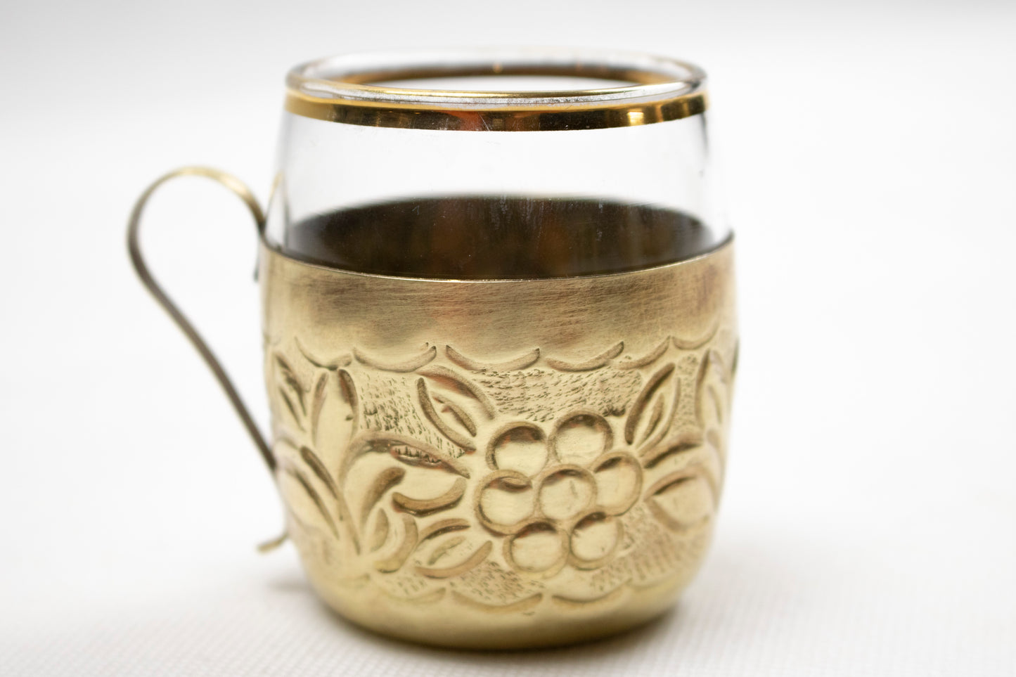 Handcrafted Brass Coffee Cup with Glass Insert & Saucer