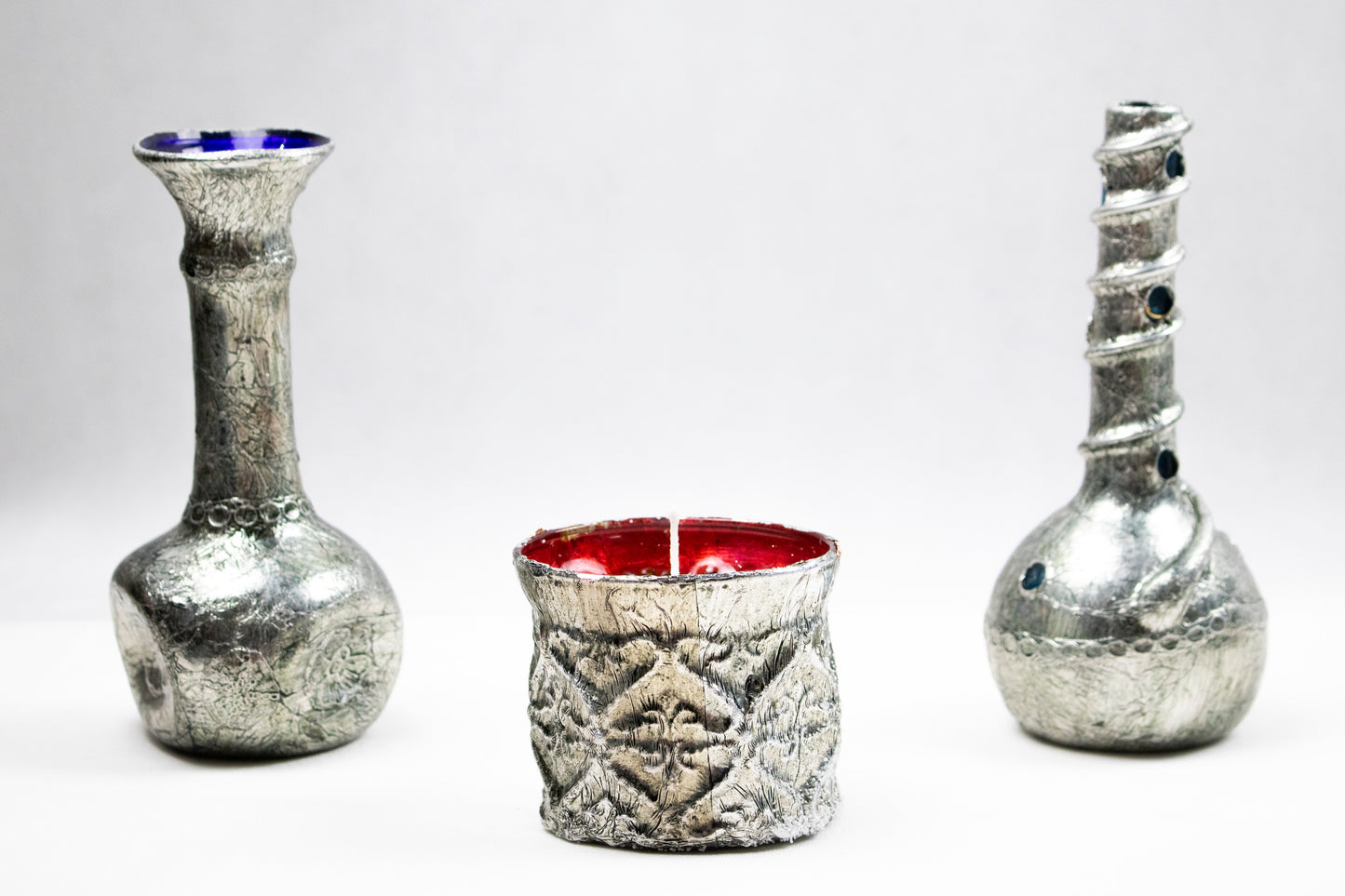 Hand-Blown Glass Bottle with Silver Coil – Sculptural Accent