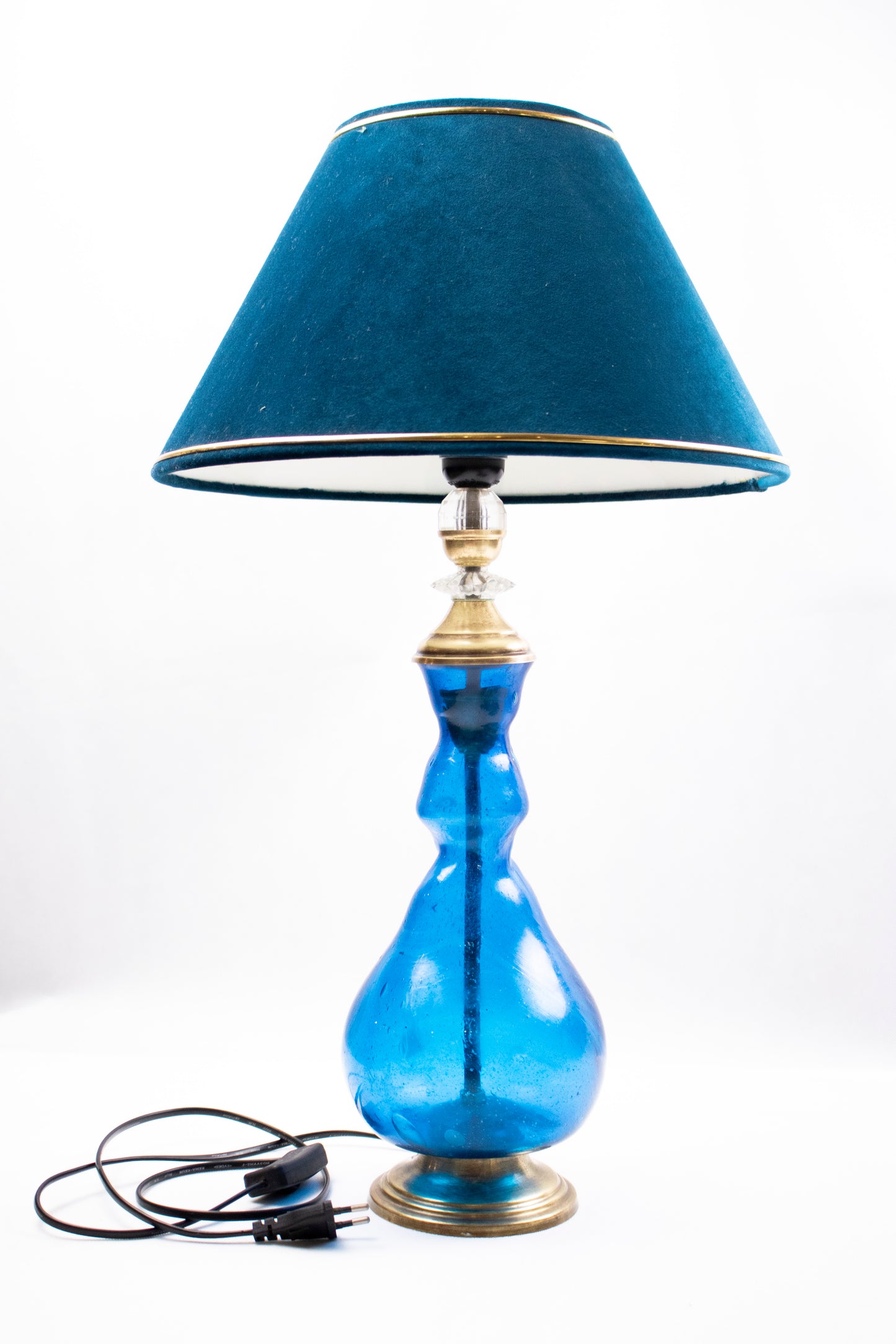 Blue Glass Table Lamp with Velvet Shade