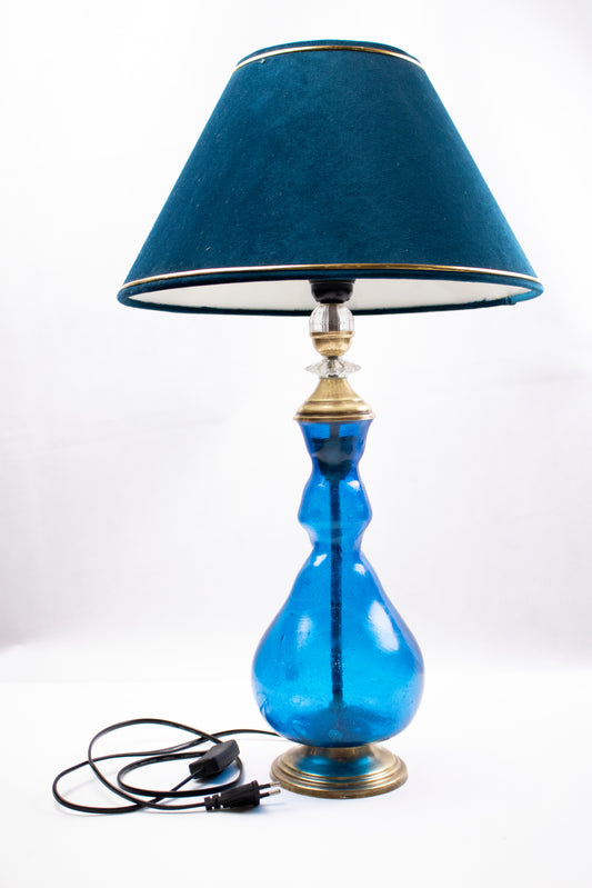 Blue Glass Table Lamp with Velvet Shade