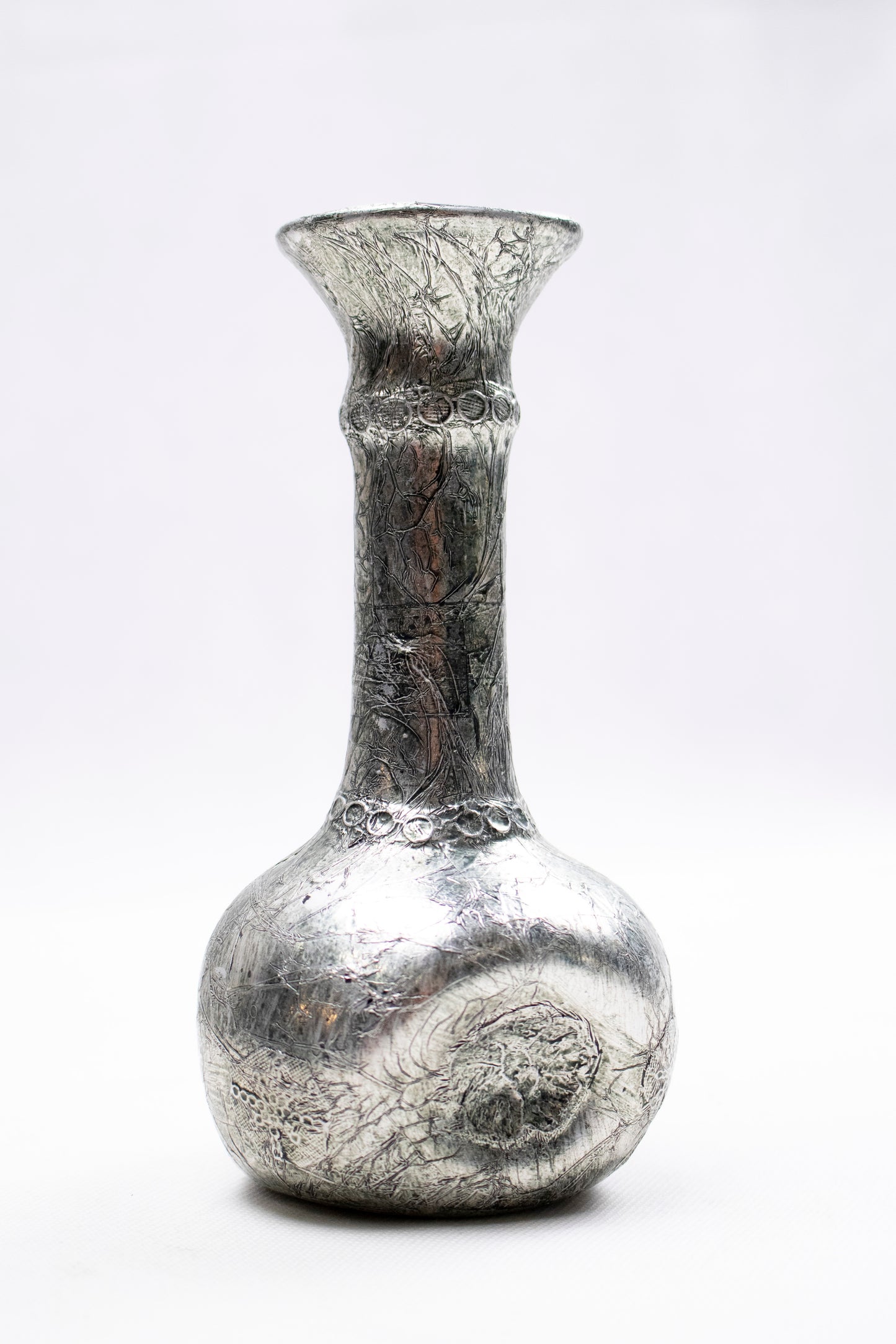 Hand-Blown Glass Bottle with Silver Coil – Sculptural Accent