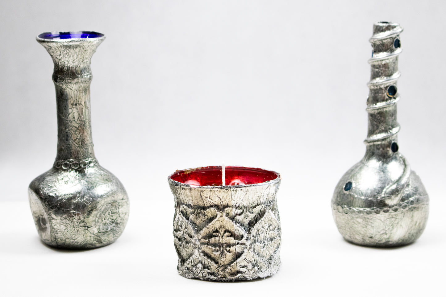 Hand-Blown Glass Bottle with Silver Coil – Sculptural Accent