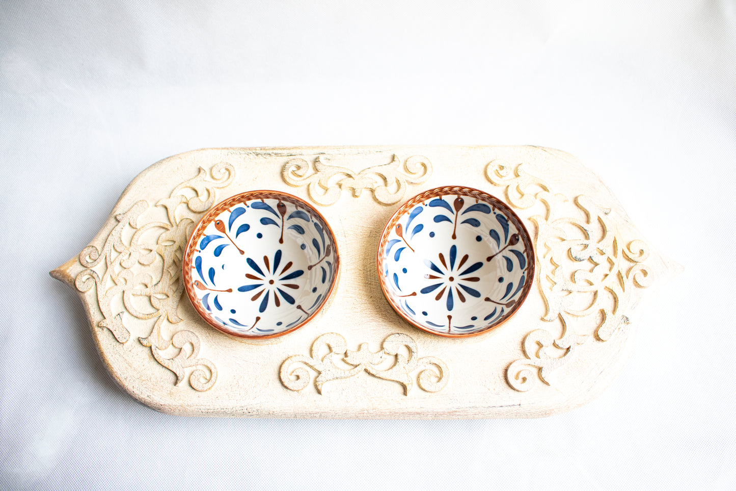 Handcrafted Wooden Handmade Serving Tray with Double Ceramic Bowls