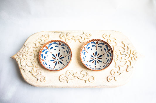 Handcrafted Wooden Handmade Serving Tray with Double Ceramic Bowls