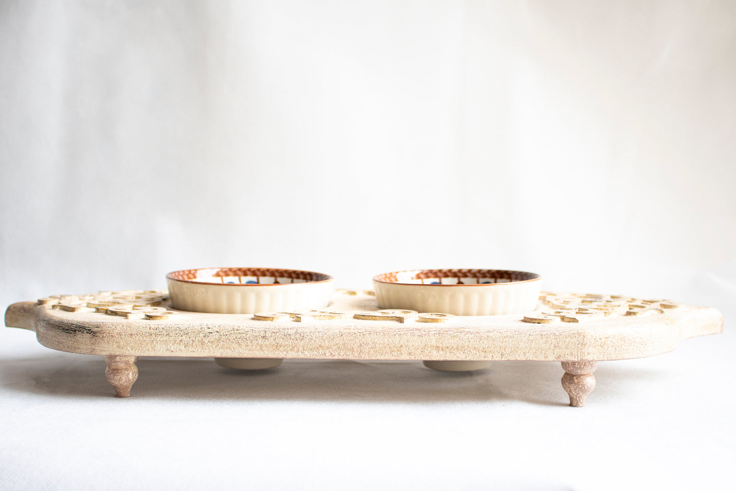 Handcrafted Wooden Handmade Serving Tray with Double Ceramic Bowls
