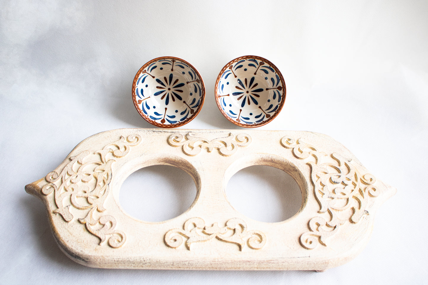 Handcrafted Wooden Handmade Serving Tray with Double Ceramic Bowls