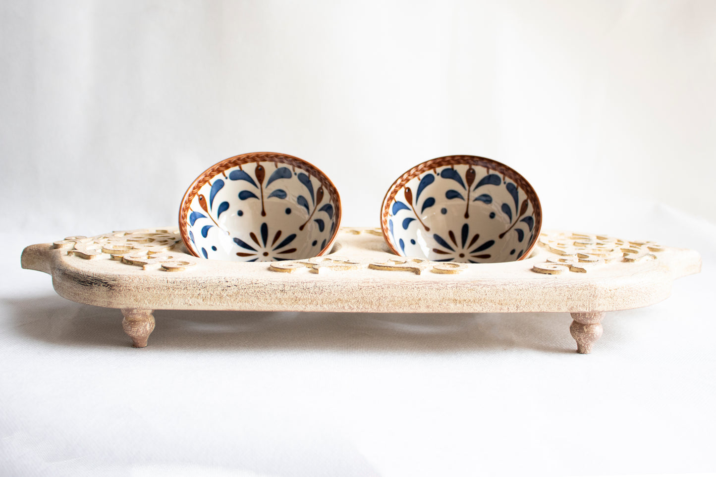 Handcrafted Wooden Handmade Serving Tray with Double Ceramic Bowls