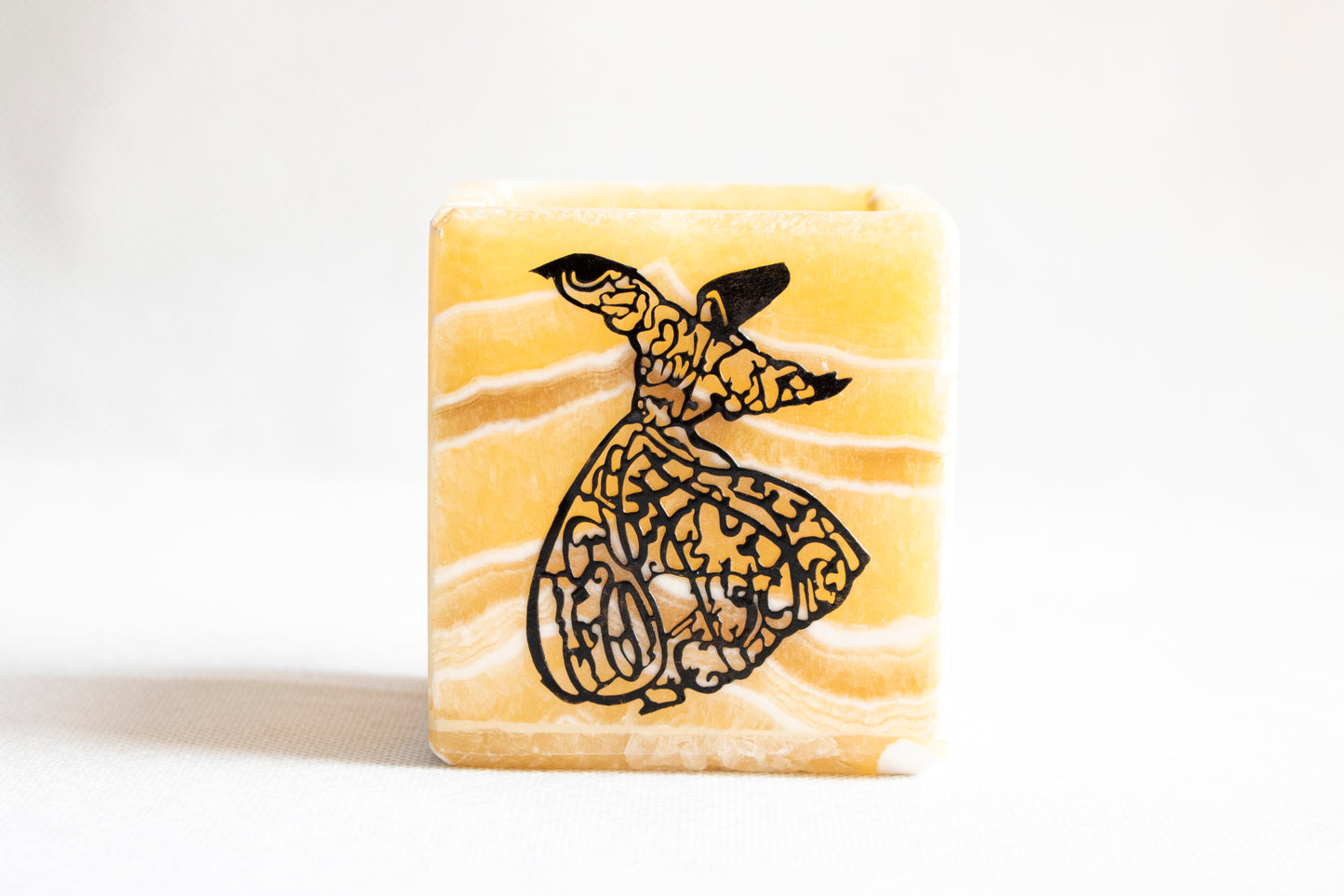 Natural Alabaster Candle Holder with Copper Whirling Dervish Inlay – Black Oud Scented Candle