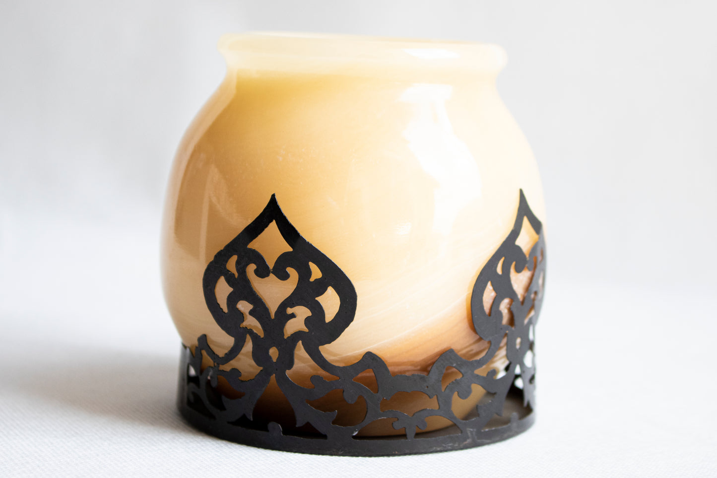 Natural Alabaster Candle Holder with Copper Ornamentation
