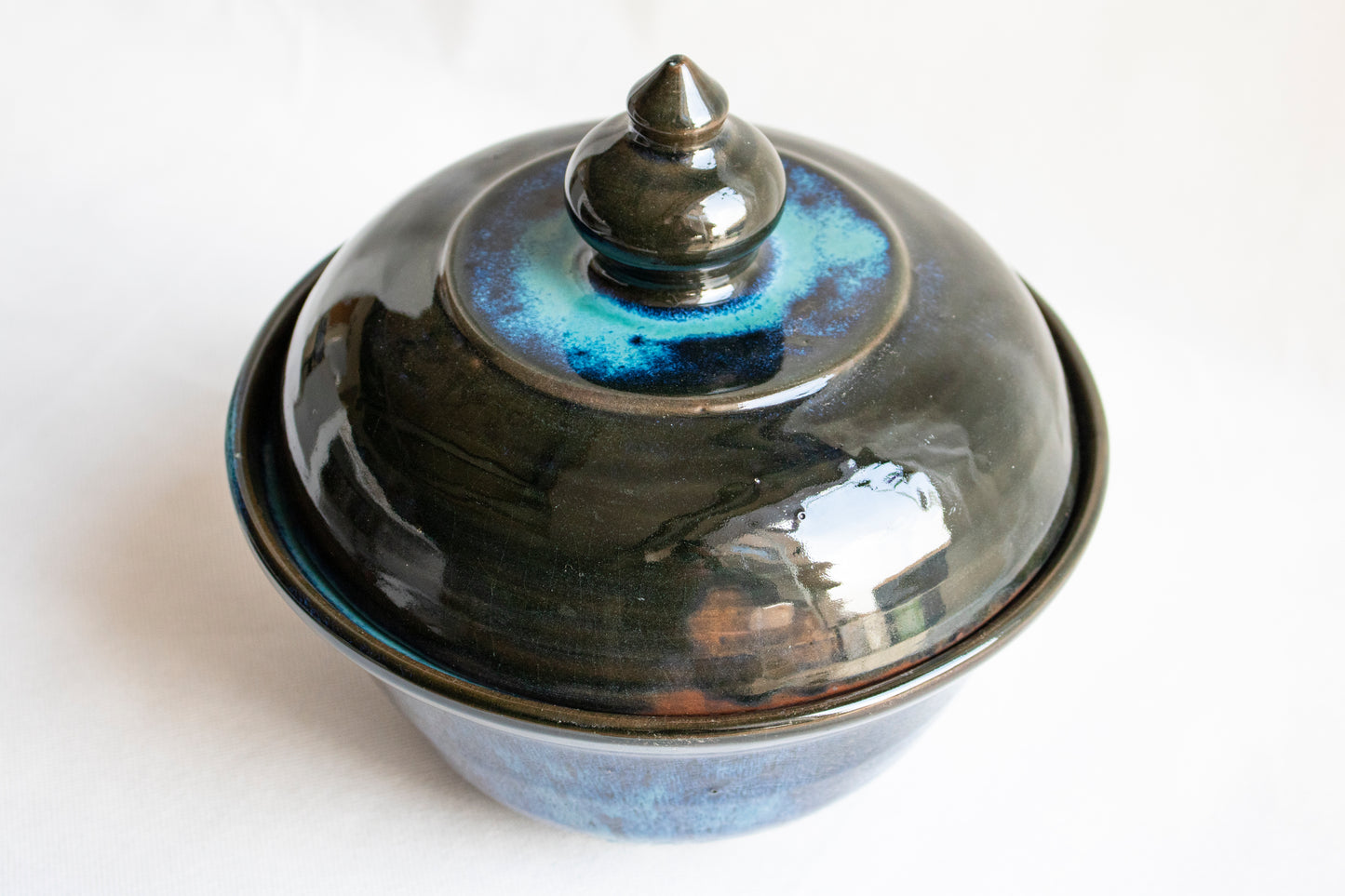 Handcrafted Clay Serving Bowl with Lid Blue