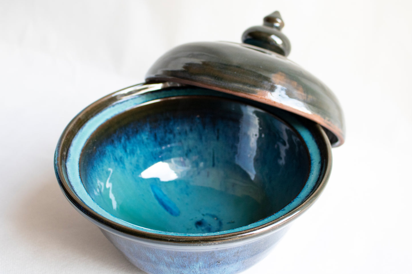 Handcrafted Clay Serving Bowl with Lid Blue
