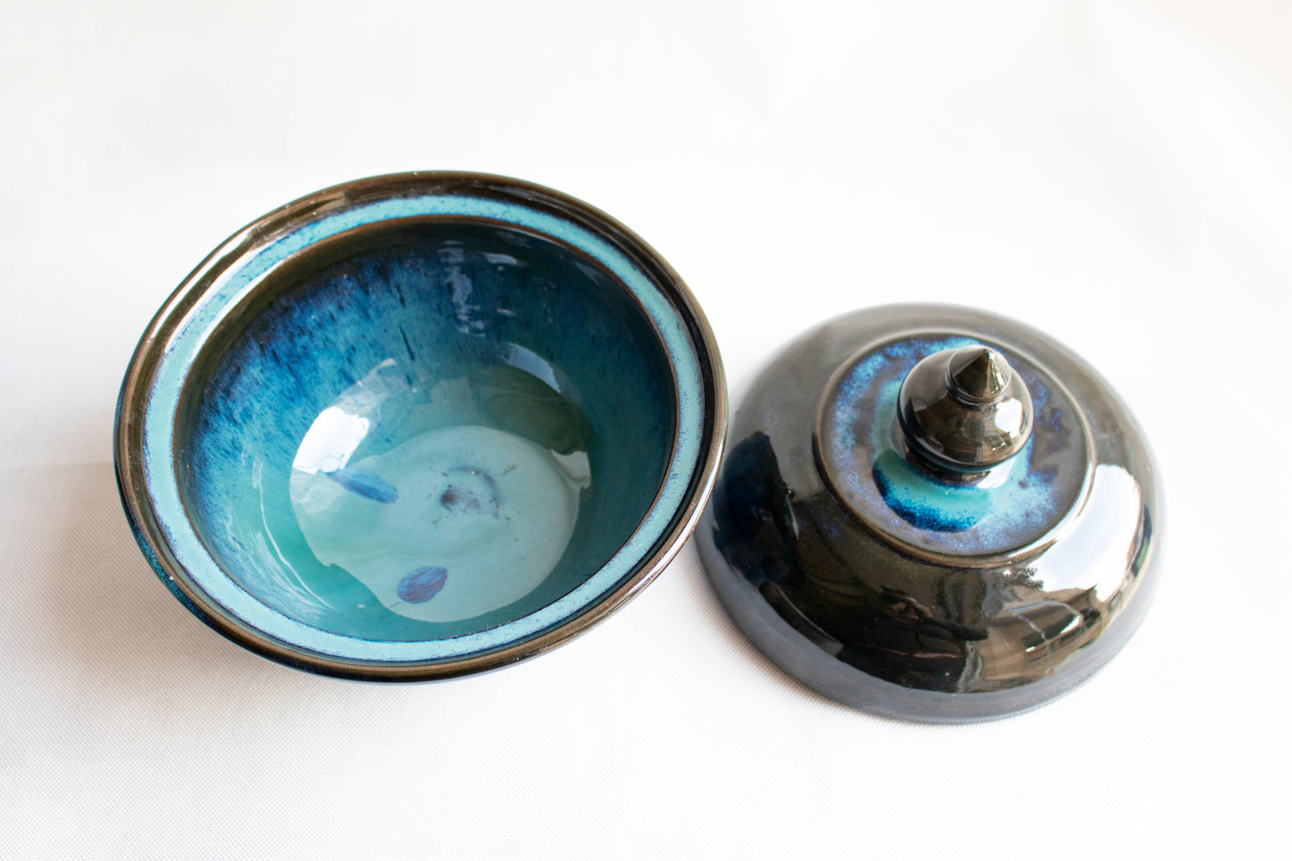 Handcrafted Clay Serving Bowl with Lid Blue