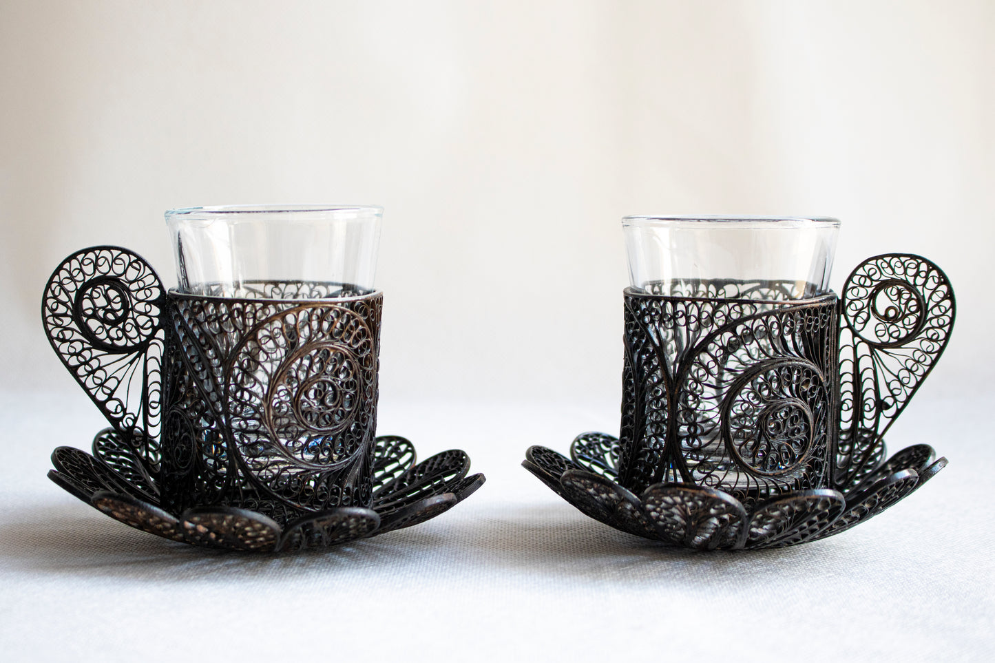 Glass Tea - Coffee Cup with Ornate Metal Holder and Saucer