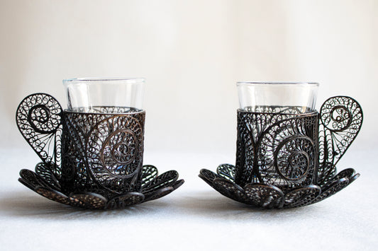 Glass Tea - Coffee Cup with Ornate Metal Holder and Saucer