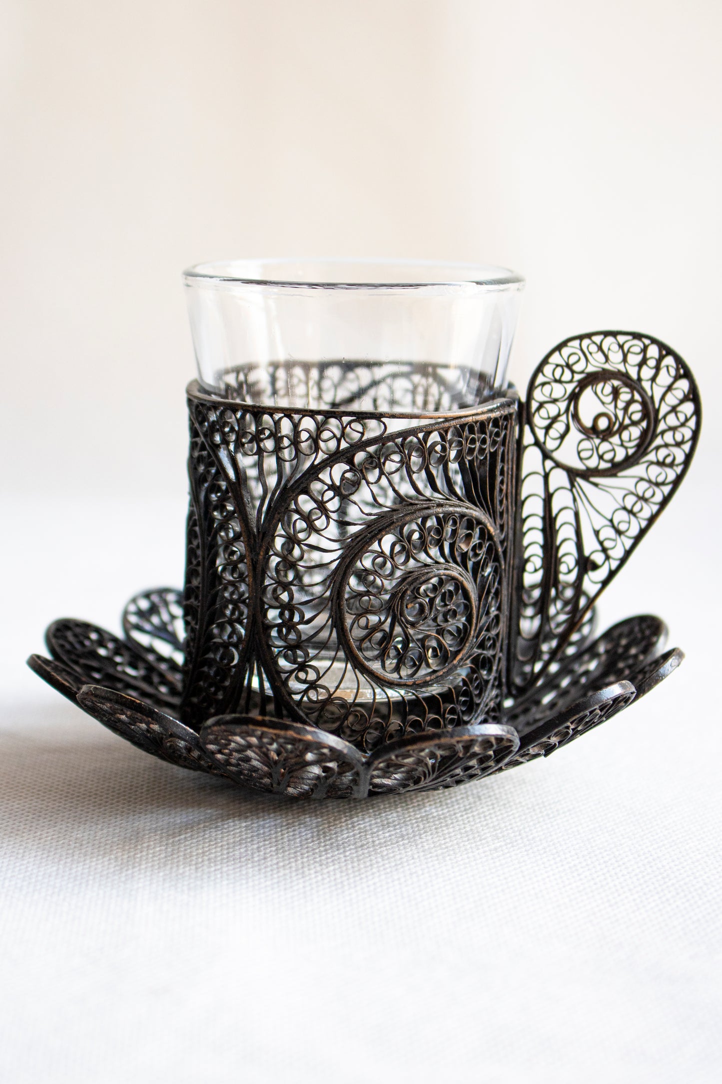 Glass Tea - Coffee Cup with Ornate Metal Holder and Saucer