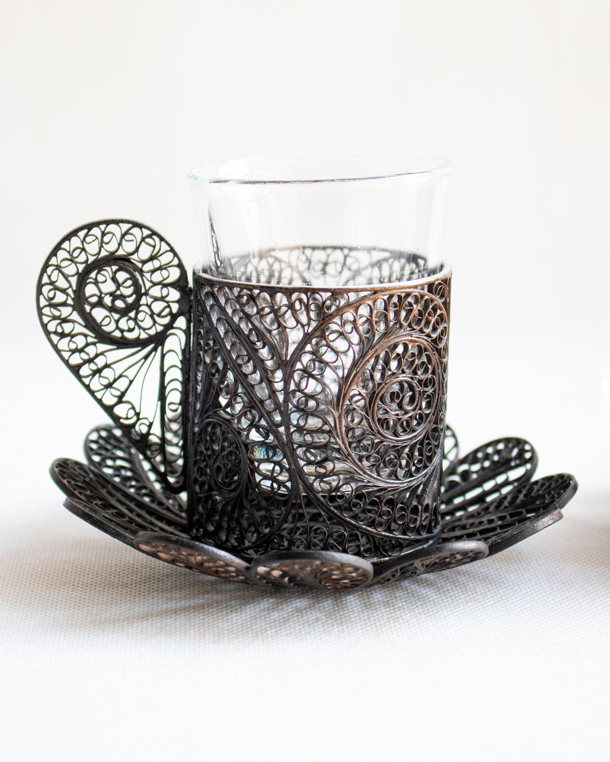 Glass Tea - Coffee Cup with Ornate Metal Holder and Saucer