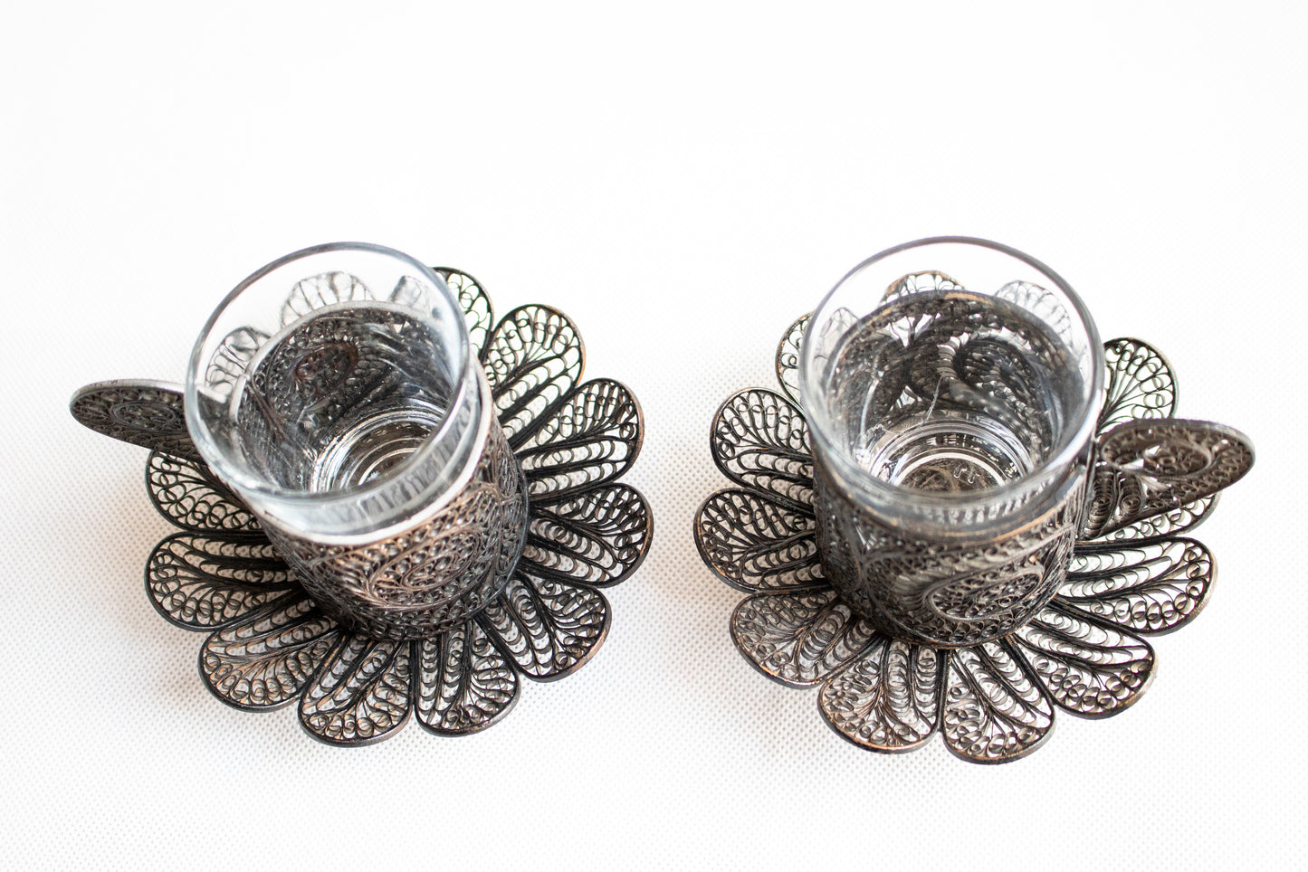 Glass Tea - Coffee Cup with Ornate Metal Holder and Saucer