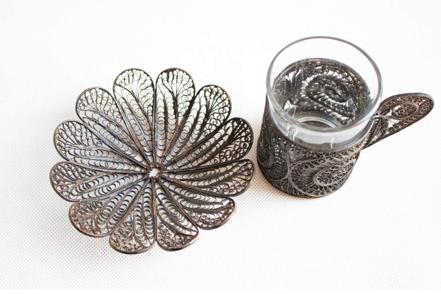 Glass Tea - Coffee Cup with Ornate Metal Holder and Saucer