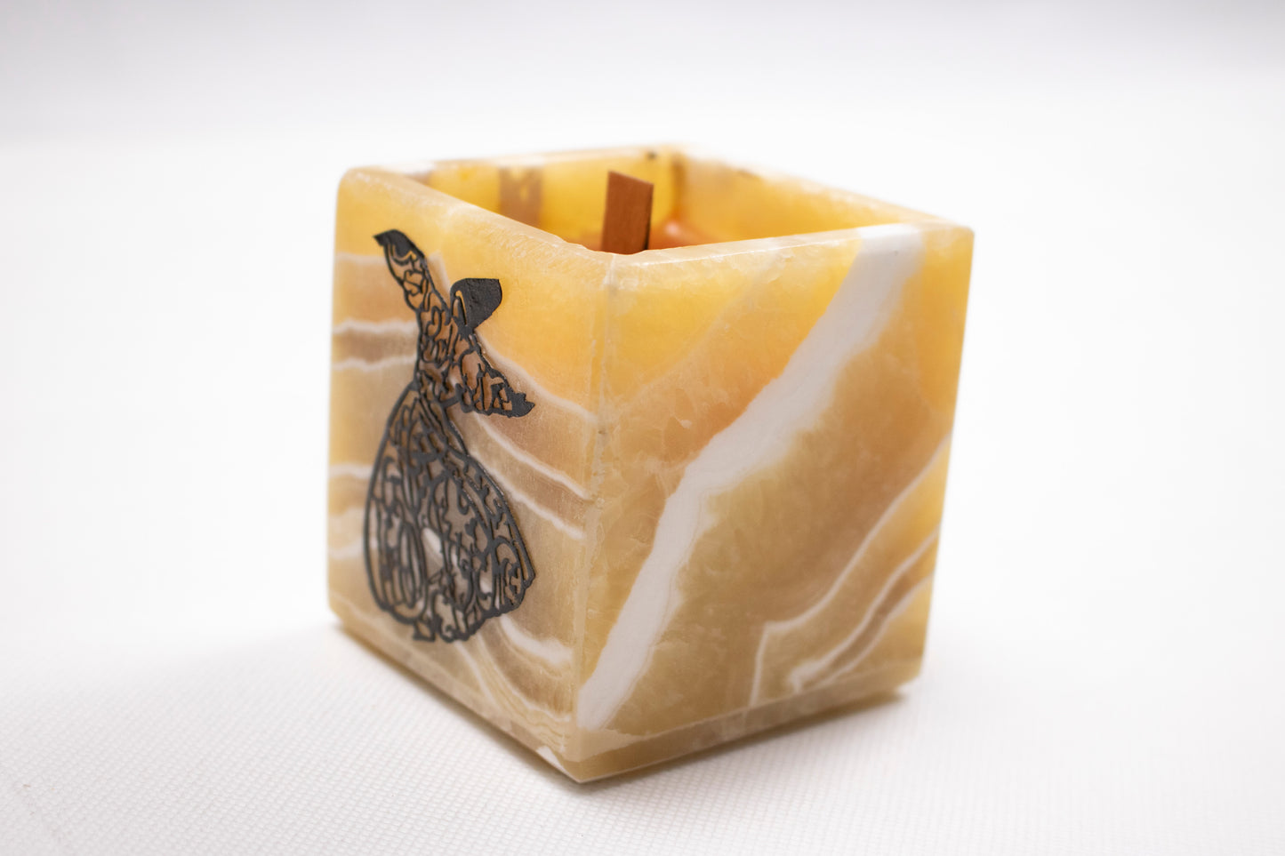 Natural Alabaster Candle Holder with Copper Whirling Dervish Inlay – Black Oud Scented Candle