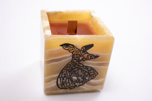 Natural Alabaster Candle Holder with Copper Whirling Dervish Inlay – Black Oud Scented Candle