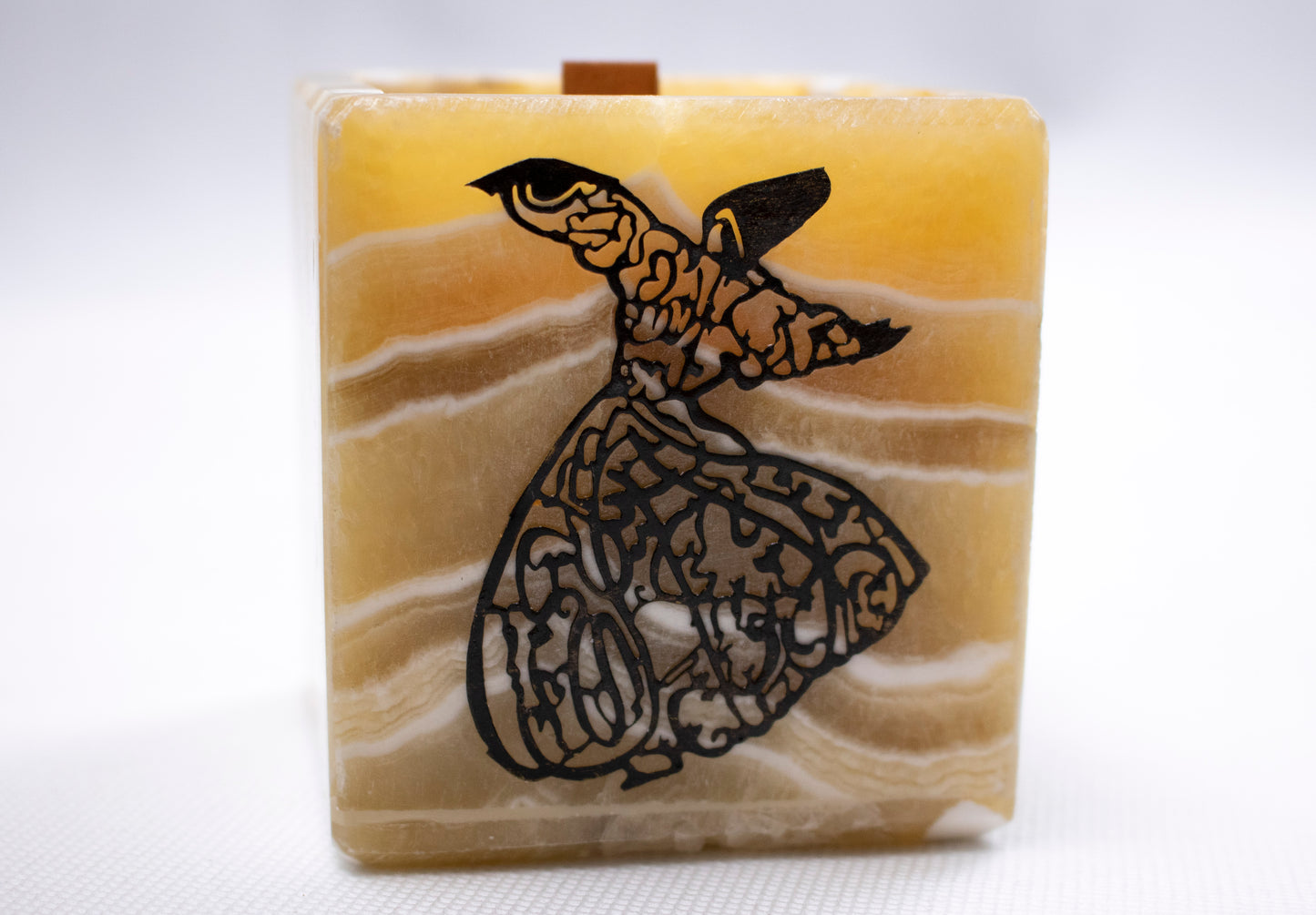 Natural Alabaster Candle Holder with Copper Whirling Dervish Inlay – Black Oud Scented Candle