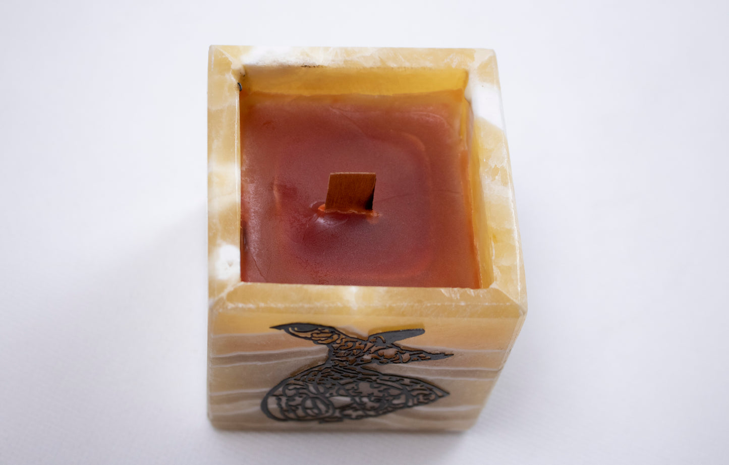 Natural Alabaster Candle Holder with Copper Whirling Dervish Inlay – Black Oud Scented Candle