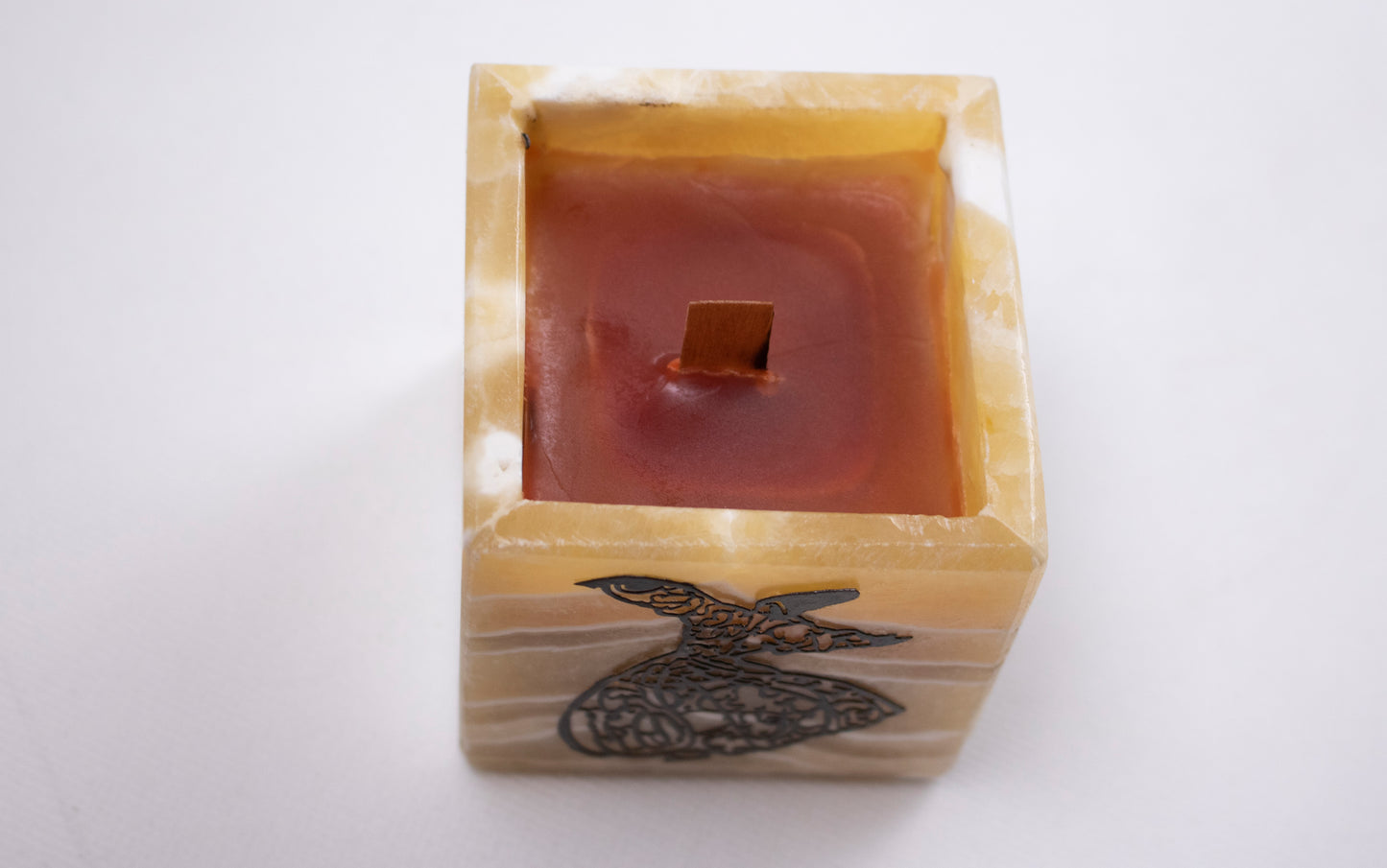 Natural Alabaster Candle Holder with Copper Whirling Dervish Inlay – Black Oud Scented Candle