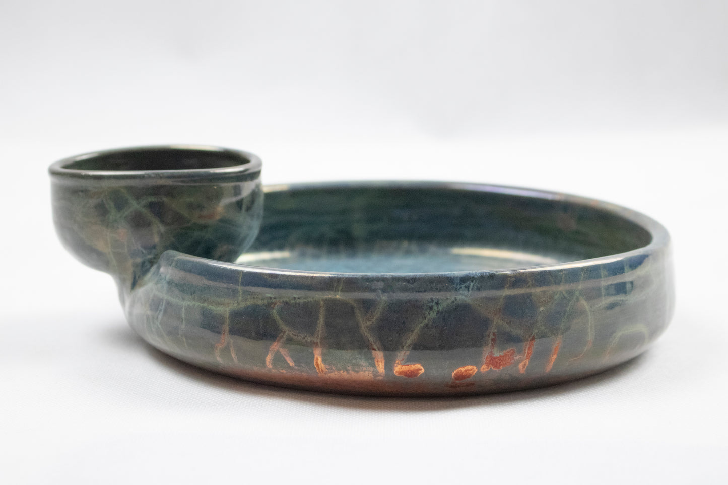 Handcrafted Clay Snack Plate with Integrated Blue Dipping Bowl