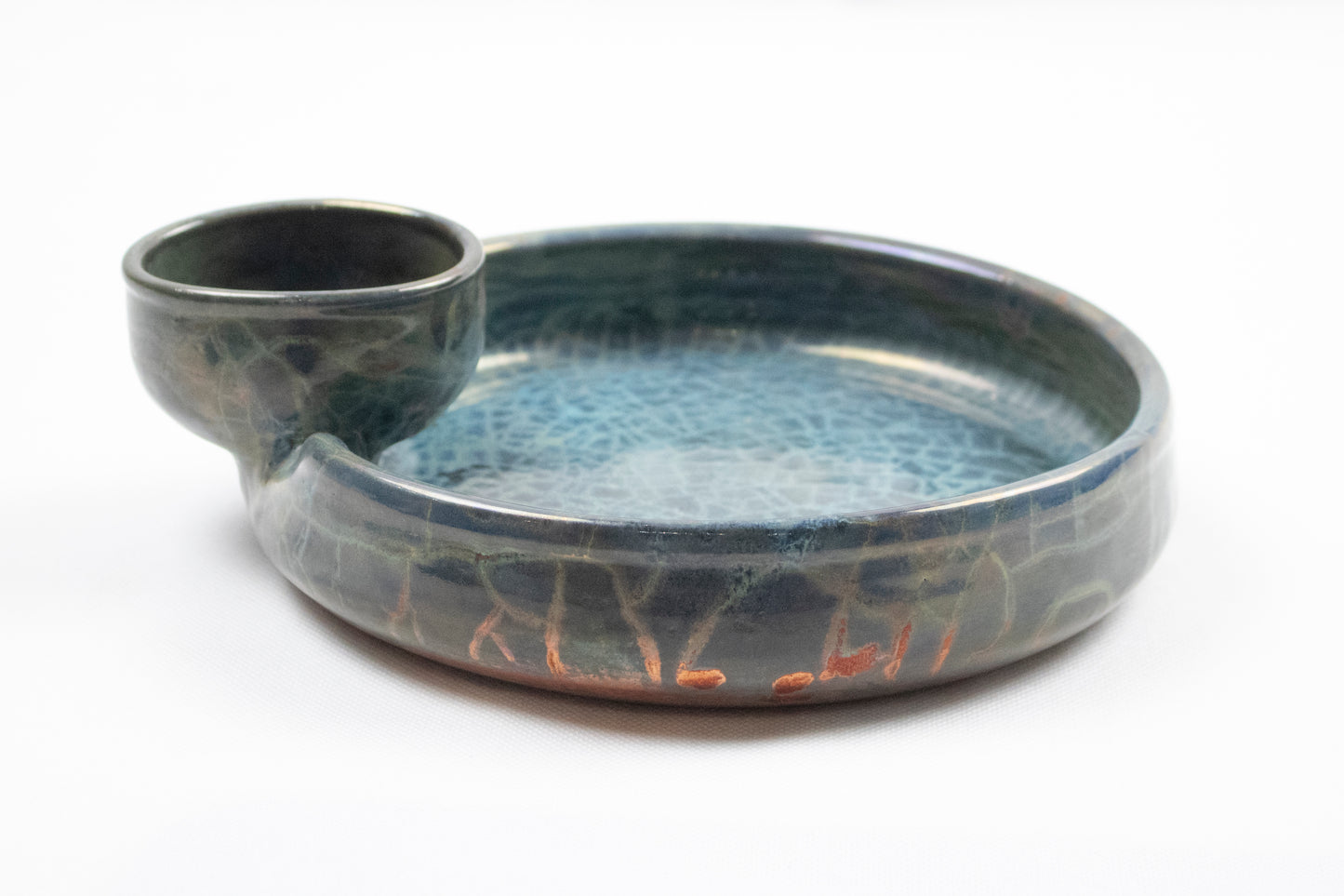 Handcrafted Clay Snack Plate with Integrated Blue Dipping Bowl