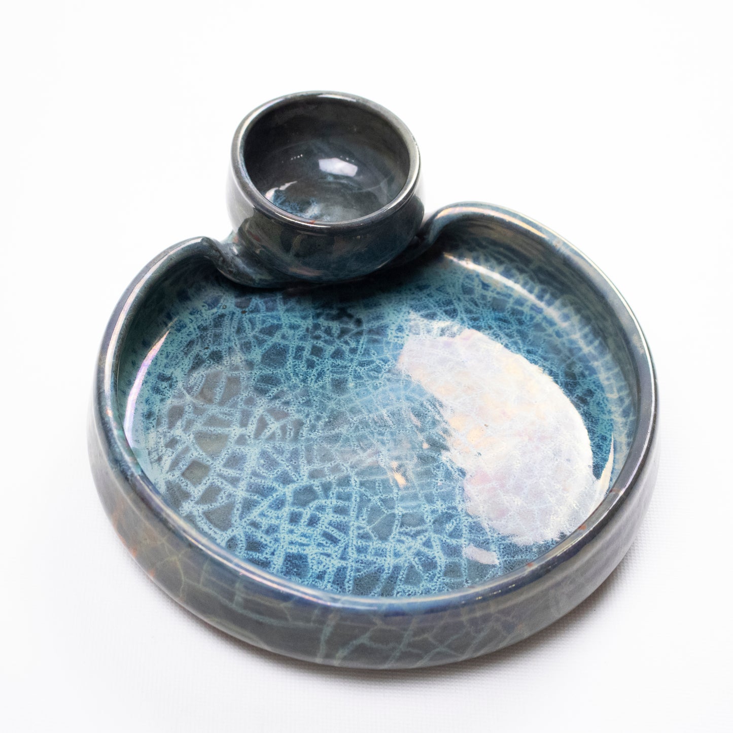 Handcrafted Clay Snack Plate with Integrated Blue Dipping Bowl
