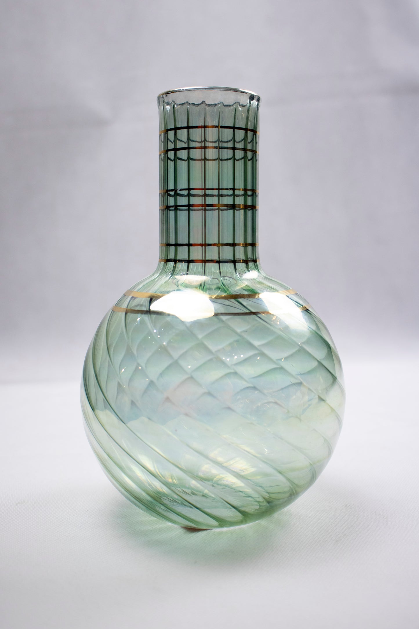 Hand-Blown Glass Vase with Spiral Form & Gold Detailing