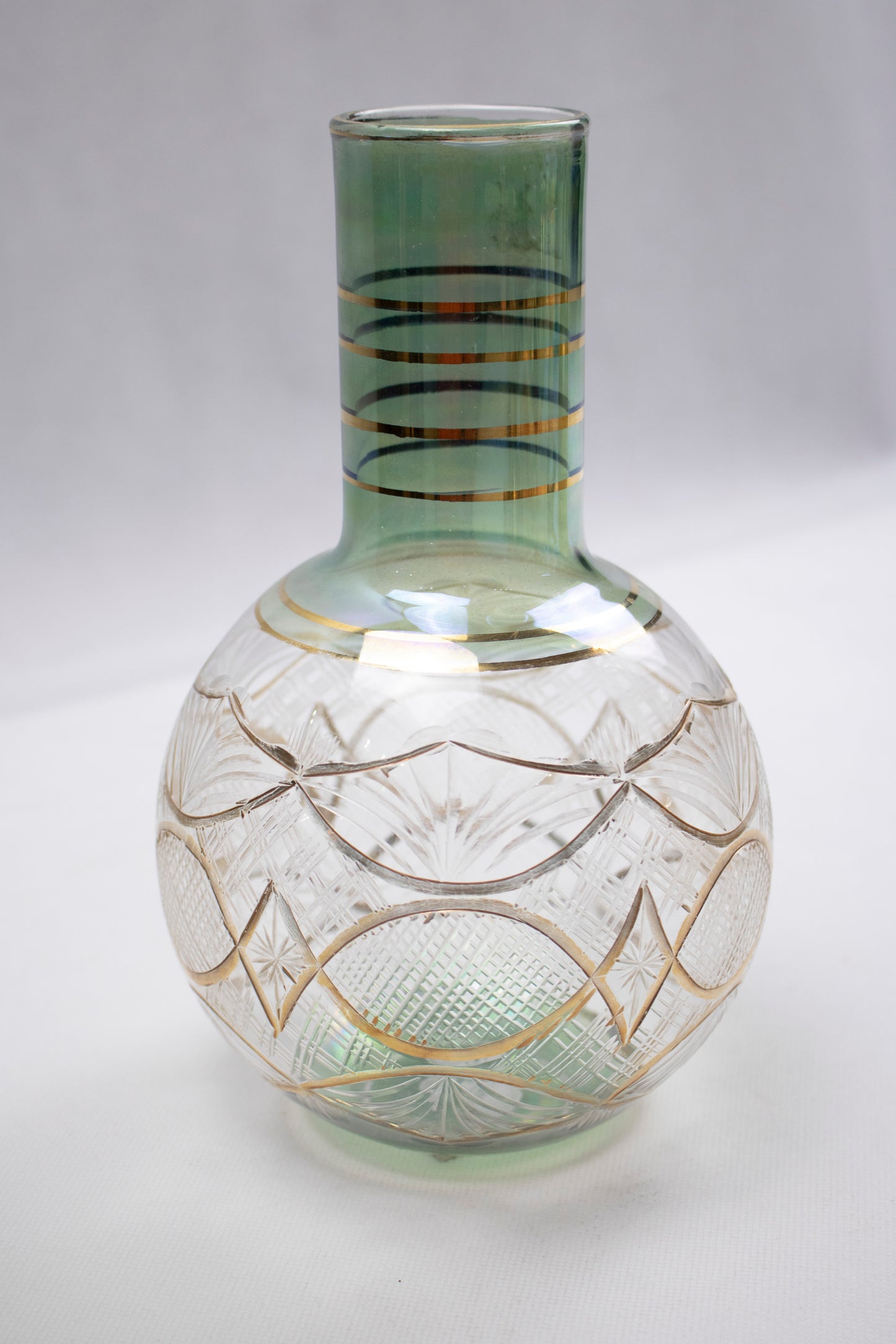 Hand-Blown Glass Vase with Carved Pattern & Gold Accents