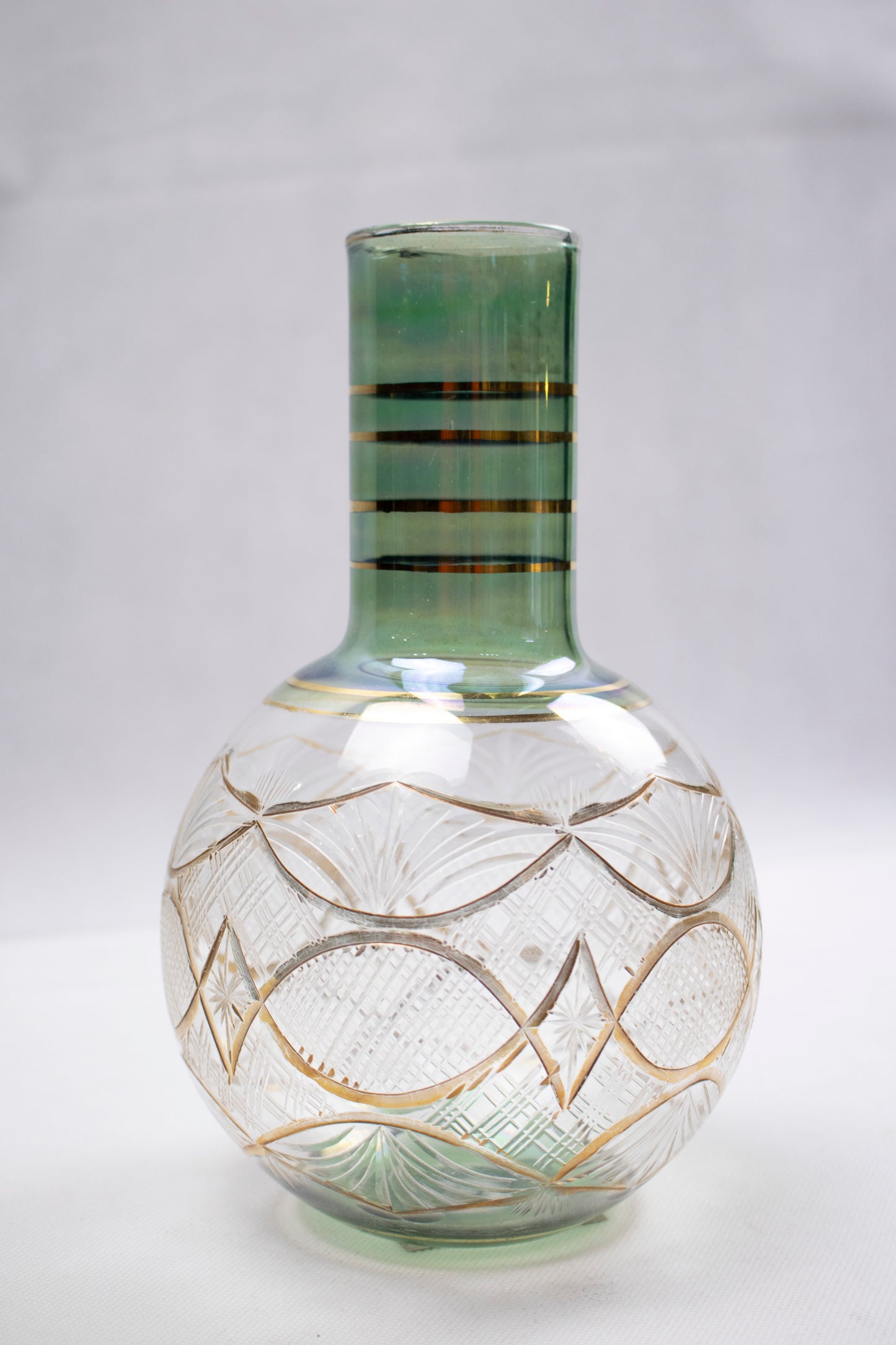 Hand-Blown Glass Vase with Carved Pattern & Gold Accents
