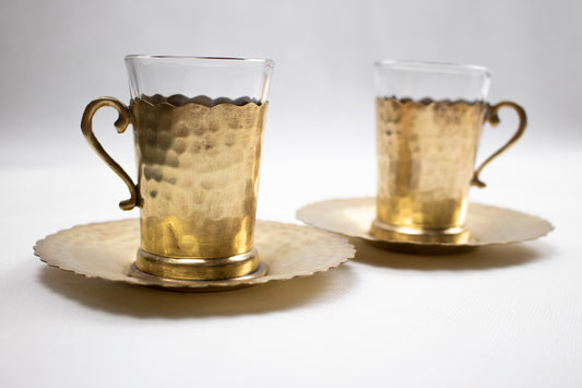Handcrafted Brass Tea Cup with Glass Insert & Saucer
