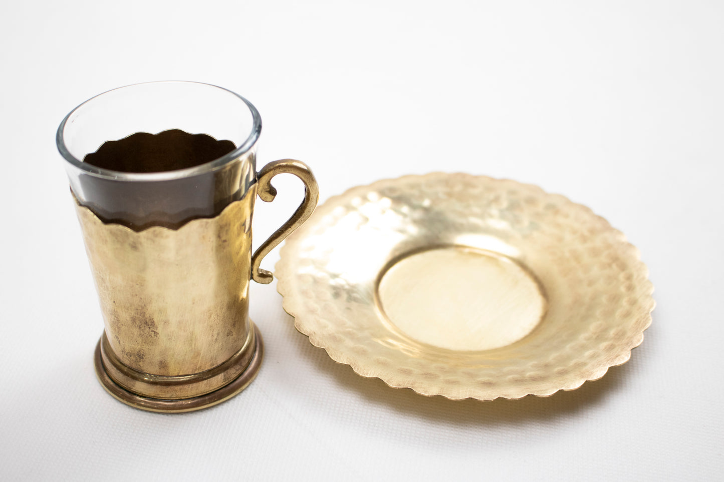 Handcrafted Brass Tea Cup with Glass Insert & Saucer