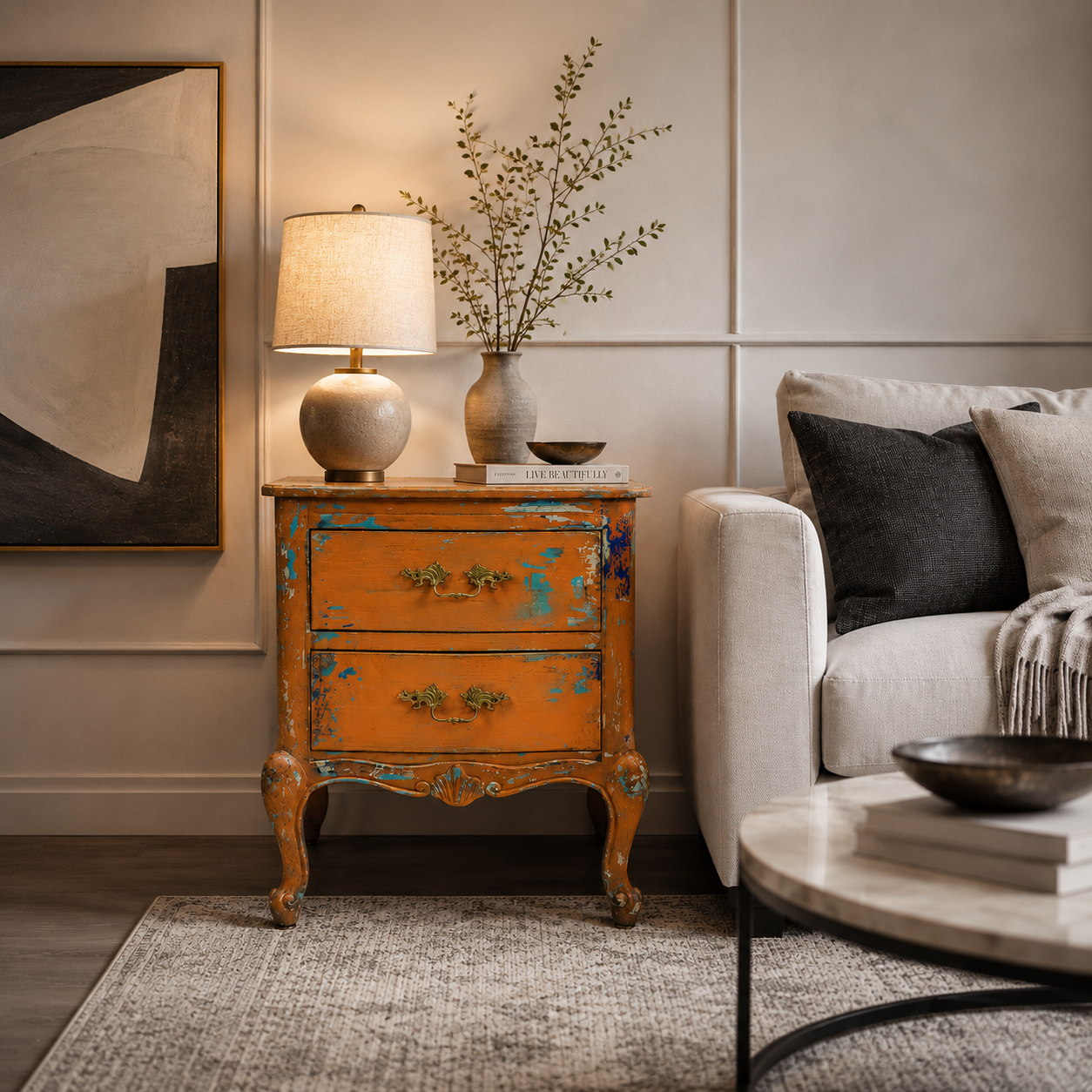 Vintage Orange Distressed Nightstand with Turquoise Details