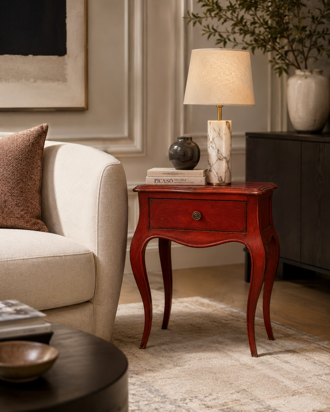Red Vintage Nightstand with One Drawer
