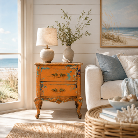 Vintage Orange Distressed Nightstand with Turquoise Details
