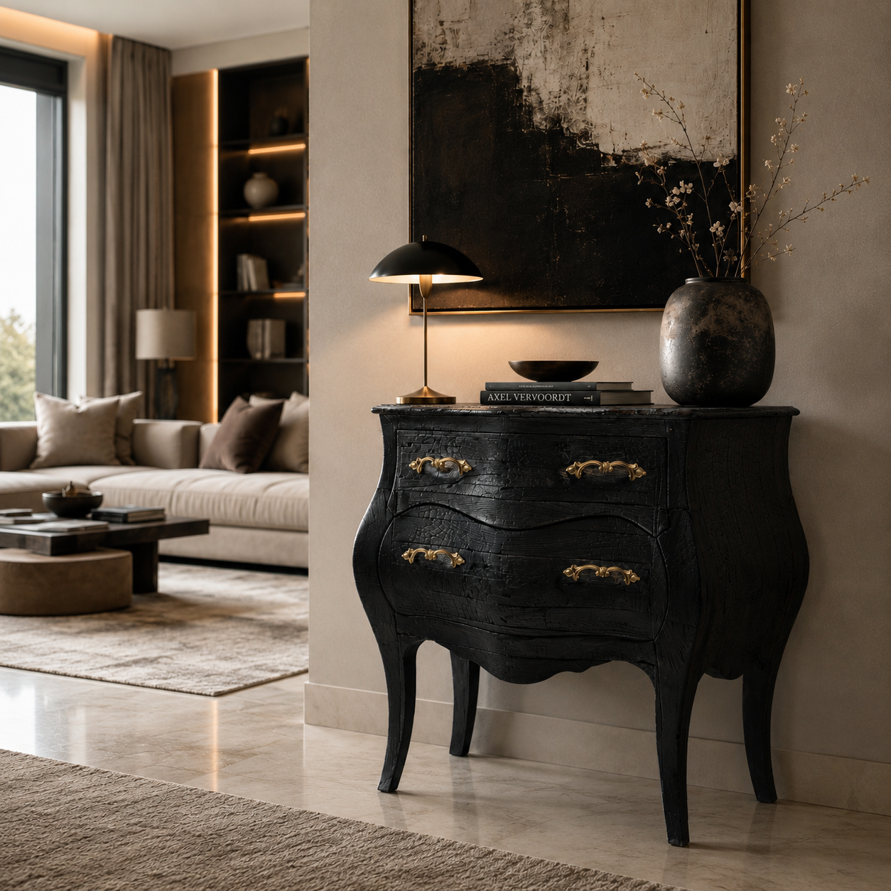Vintage Black Mosky Wood Nightstand — Burnt Wood Technique