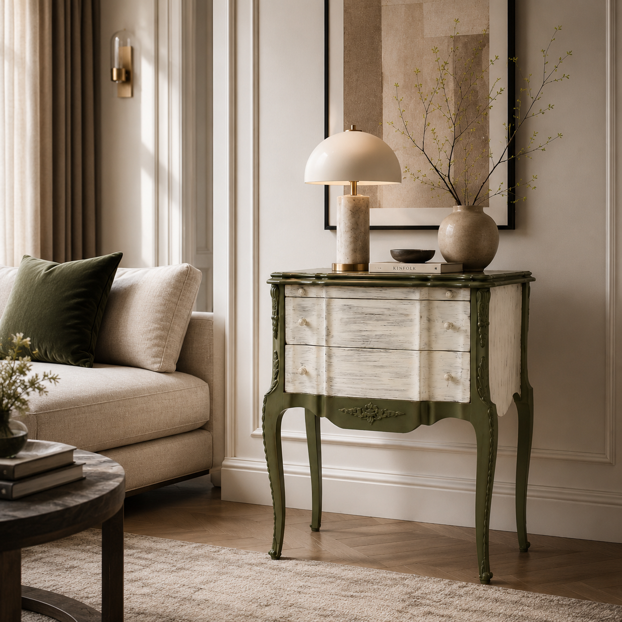 Vintage Mosky Wood Nightstand with White & Olive Finish