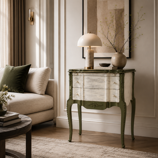 Vintage Mosky Wood Nightstand with White & Olive Finish
