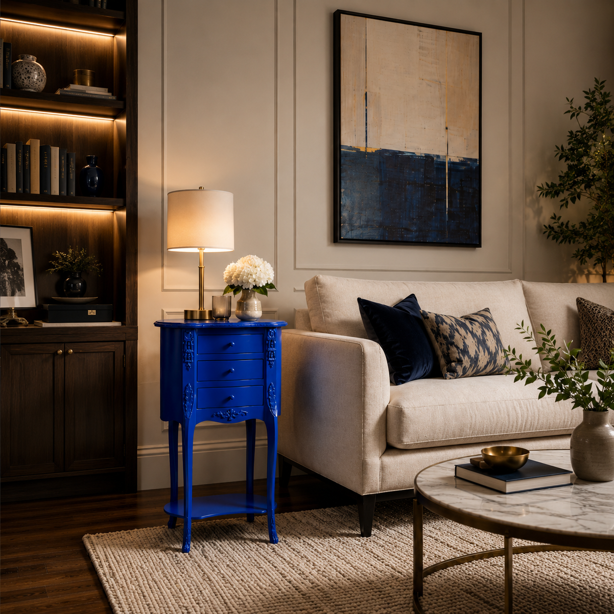 Blue Vintage Chest with Three Drawers and Lower Shelf