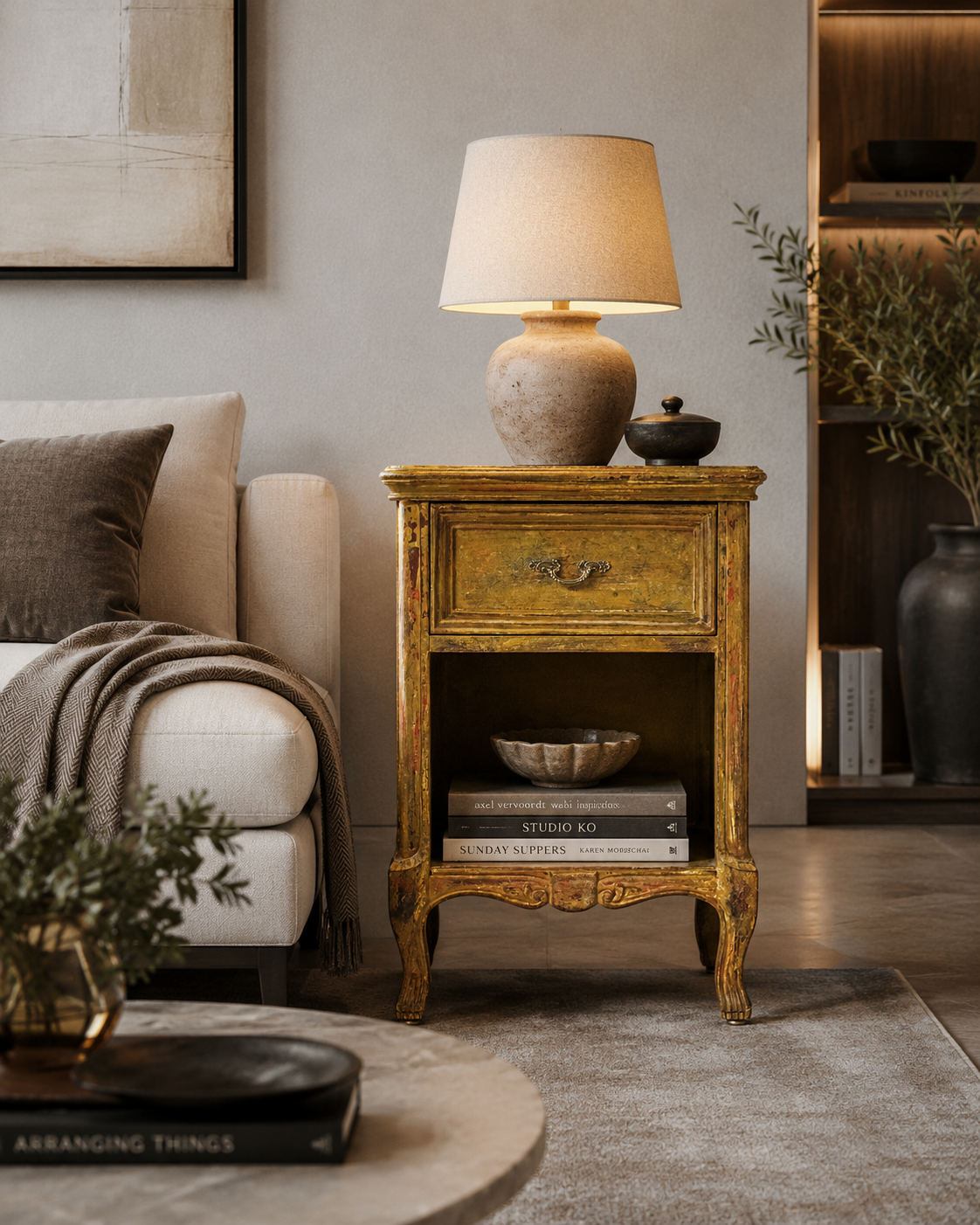 Gold Vintage Nightstand with Drawer and Open Shelf