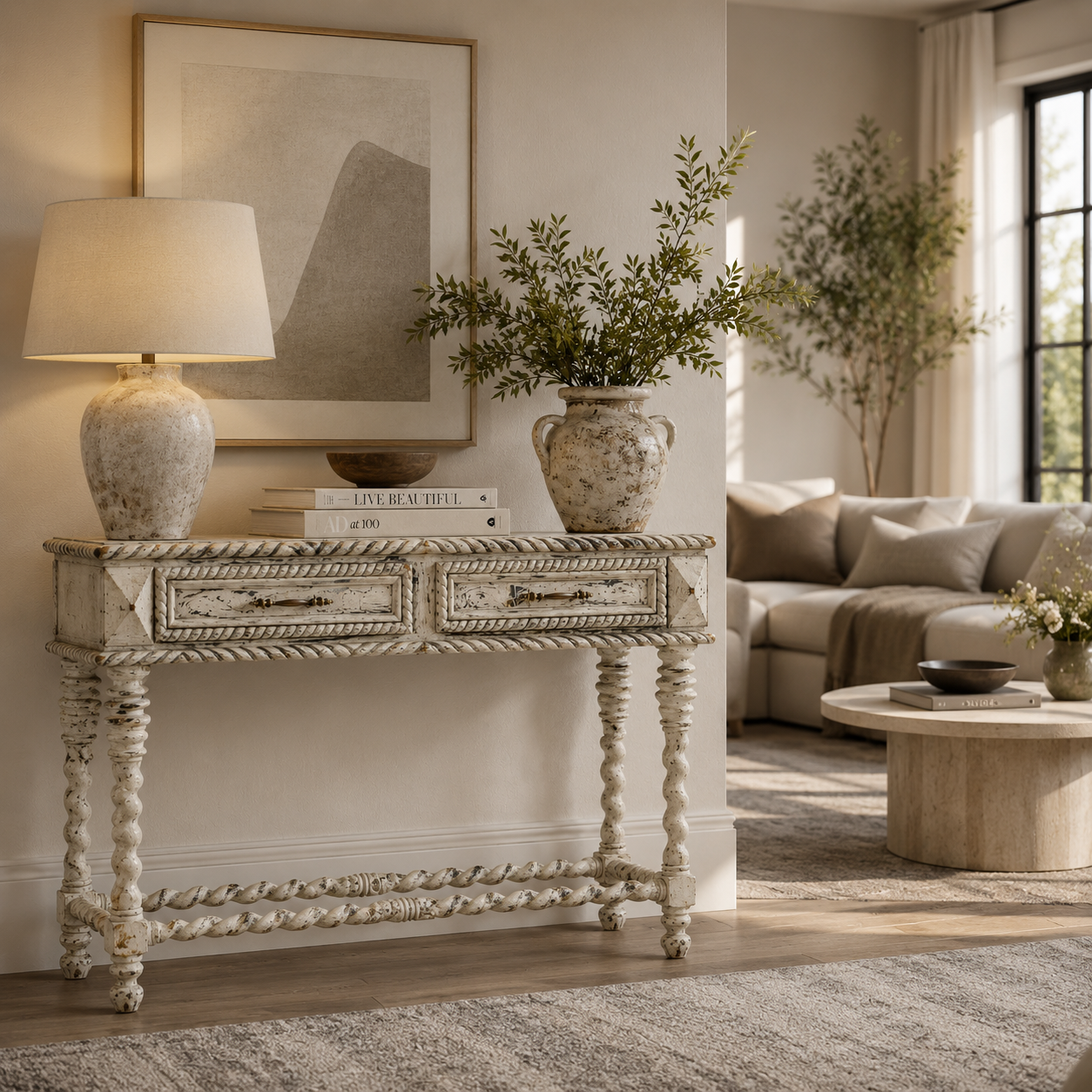 White Vintage Console Table with Two Drawers